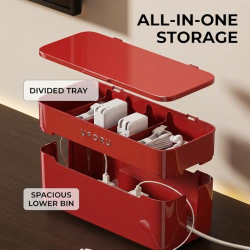 2-Tier Rolling Cable Management Box with Wheels (Large) – Mobile Power Strip Hider & Cord Organizer – Under Desk Wire Concealer & Charging Station Organizer – Baby & Pet Proof Safety (Retro Red) - color: Retro Red