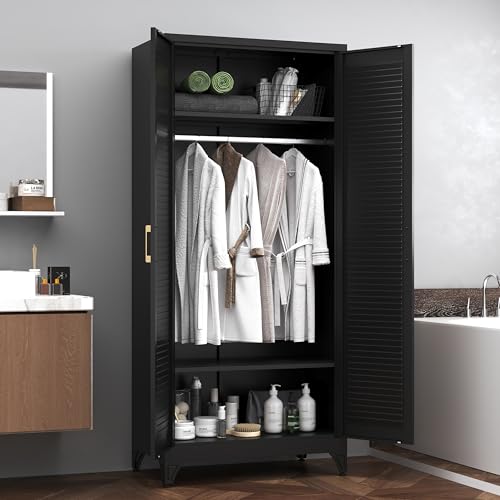 Steeloong 71"Armoire Wardrobe Close,Black Wardrobe Cabinet with Hanging Rod | Metal Closet Cabinet with Doors and Adjustable Shelves,Freestanding Clothing Storage Cabinets for Bedroom Office,Gym,Hospital - color: Black, style: 71"H Wardrobe