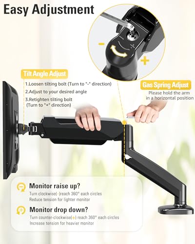 Single Monitor Mount, Gas Spring Monitor Arm for 17-32 Inch Computer Screens, Adjustable Monitors Stand for Desk, 75x75/100x100mm VESA Mount, with Clamp and Grommet Base, Holds 4.4-17.6lbs