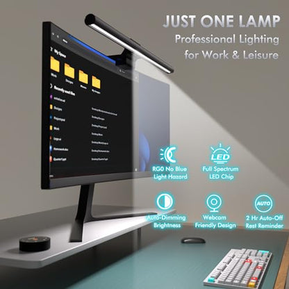Quntis Monitor Light Bar with Remote, 16.7'' Eye Care No Glare Computer Light Bar with Backlight, Auto-Dimming & Timer, Stepless Dimming Monitor Lamp for Desk Gaming Home Office Curved Monitors