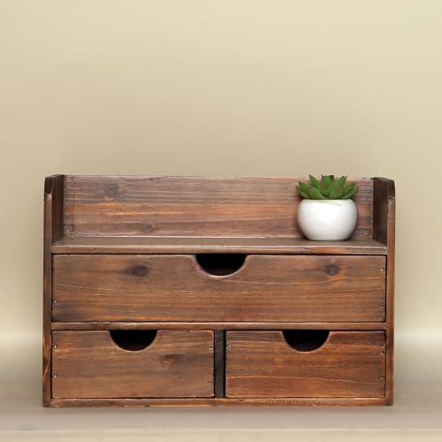 Brown Wooden 3 Drawer Desk Organizer with Shelf, Mail Rack Vanity Storage | Desktop Rustic vintage style, no assembly needed, ideal for office supplies, makeup and toiletries storage - color: Brown