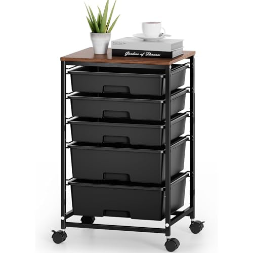 SYKIARIOL 5-Tier Rolling Cart with Drawers with Wooden Top, Black - color: Black