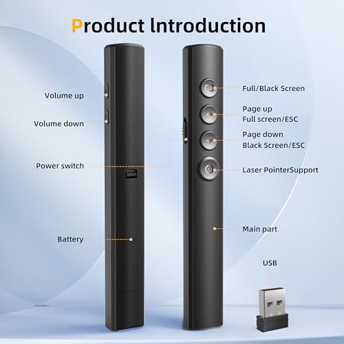 Wireless Presentation Clicker for Powerpoint Slideshow, Office/Classroom PPT Remote Presenter Pointer Slide Advancer with USB Receiver for Computer/MacBook Laptop/PC Black Red Light