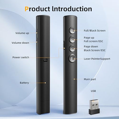 Wireless Presentation Clicker for Powerpoint Slideshow, Office/Classroom PPT Remote Presenter Pointer Slide Advancer with USB Receiver for Computer/MacBook Laptop/PC Black Red Light