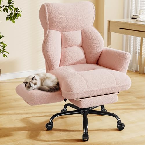 DurayLoly Big and Tall Office Chair with Footrest & Adjustable Armrests | 145° Reclining Backrest, Soft Teddy Fleece, Height Adjustable & 360° Swivel for Home Office, Bedroom - Pink - color: Pink