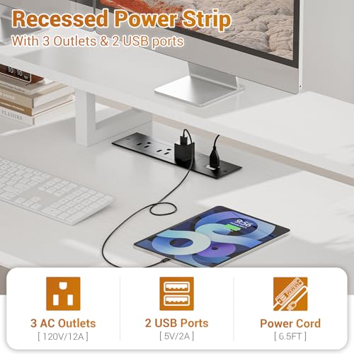 Aheaplus 59" Gaming Computer Desk with 3 Drawer, Power Outlet, Led Lights - color: White