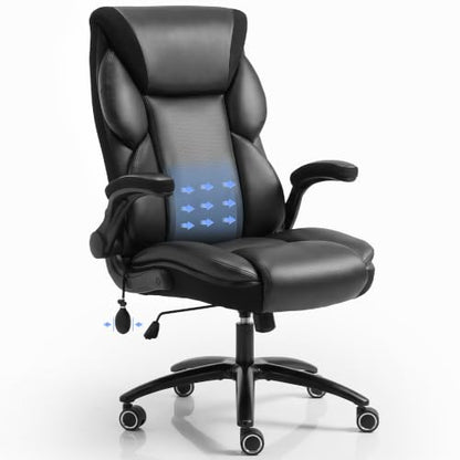 Executive Office Chair - Adjustable Inflatable Lumbar Support, Flip Up Arms, Heavy Duty Metal Base, Breathable PU Leather Ergonomic High Back Computer Chair Desk Chair, Thick Padded | Black - color: Black