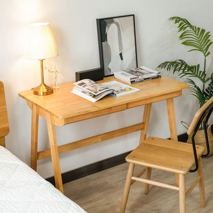 Computer Desk with Drawers, Solid Wood Writing Desk, Mid Century Modern Home Office Desks, Oak Study Table, Small Desk for Bedroom, 29.1 H x 39.4 W x 21.7 D Inches, Natural - color: Natural