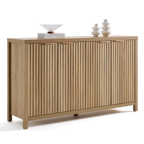 OAKHAM HOME Buffet Cabinet 56" Golden Oak | Fluted Sideboard, Adjustable Shelves, 4 Doors, Modern Storage Credenza - color: Golden Oak, size: 15.4"D x 55.5"W x 32.8"H