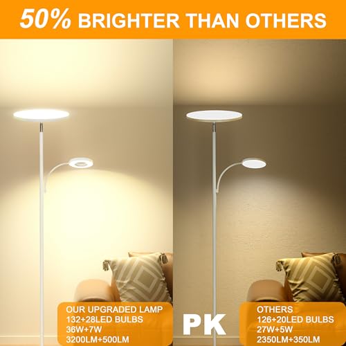 marctronic White Floor Lamp, 42W 4000LM Super Bright LED Room Lamp with Adjustable Reading Light,Dimmable Modern Standing Lamp with Remote & Touch Control for Room Bedroom Office Floor Light - color: White 42W