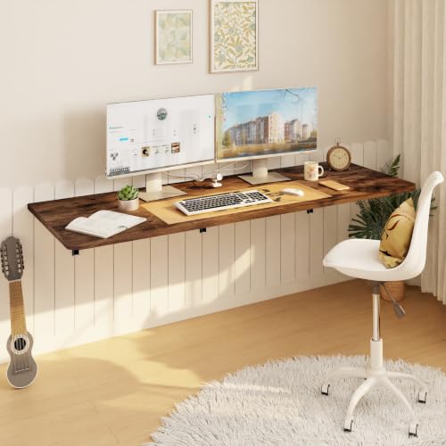 IAE Wall Mount Folding Desk,Floating Computer Desk for Small Spaces,Rustic | 55x22in engineered wood desktop with metal brackets, folds flat to save space in home office, apartment and laundry room - color: Rustic, size: 55"*22"
