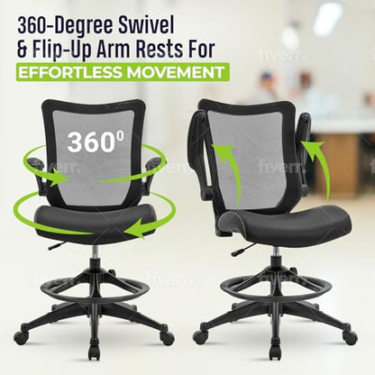 OfficeFactor Drafting Chair Tall Office Chair, 300 lb Capacity Standing Desk Chair, Adjustable & Ergonomic Desk Chair, Flip-Up Armrests, Mesh Back, Comfortable Leather (Black) - color: Black Drafting Chair