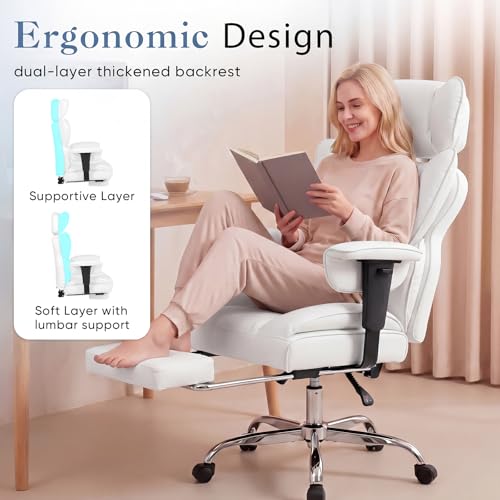 DUMOS Big and Tall Home Office Desk Chair, Executive Chair with Footrest - color: White-l, size: Adjustable Armrest