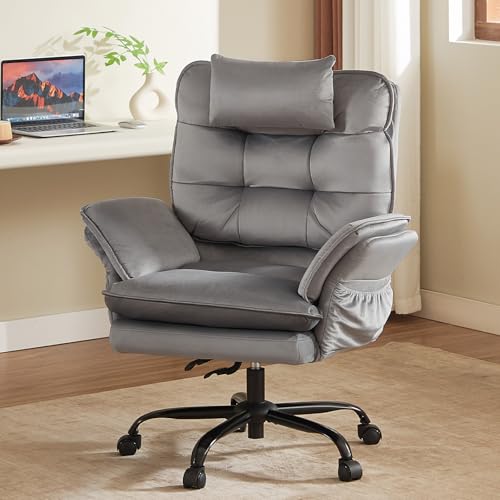 Bestier Criss Cross Chair with Wheels, Wide Desk Chair Velvet Grey | 135° Reclining Swivel Executive Chair with Flip-Up Armrests and Headrest, Big and Tall Computer Desk Chair with Side Pockets - color: Grey Velvet, size: High Back