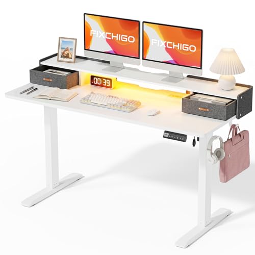 Electric Standing Desk with Drawers, 55 Inch Height Adjustable Desk with Power Outlets & LED Lights, Sit Stand Table with Monitor Stand for Home, Office, White - color: White, size: 55×24 Inch Rectangular with Drawers