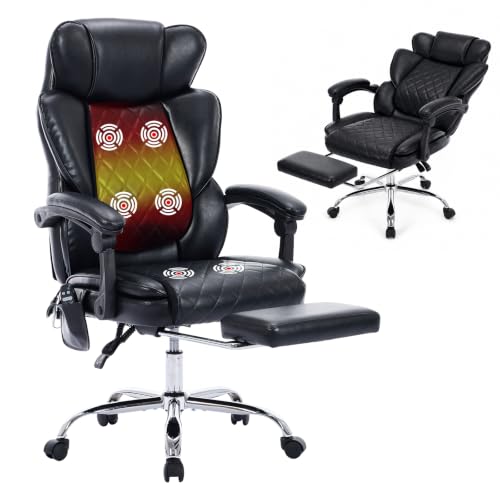 MALOL Executive Office Chair, 22.05" Wide Leather Ergonomic Office Chair with Lumbar Support, Footrest and 6-Point Vibration Massage, Reclines 94°-125° for Home Office Room, Black