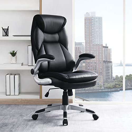 Office Star ECH Series Executive Bonded Leather Office Chair with Lumbar Support and Padded Height Adjustable Arms, Black with Silver Coated Nylon Base - color: Black With Silver Coated Nylon Base