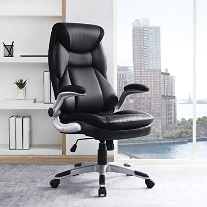 Office Star ECH Series Executive Bonded Leather Office Chair with Lumbar Support and Padded Height Adjustable Arms, Black with Silver Coated Nylon Base - color: Black With Silver Coated Nylon Base