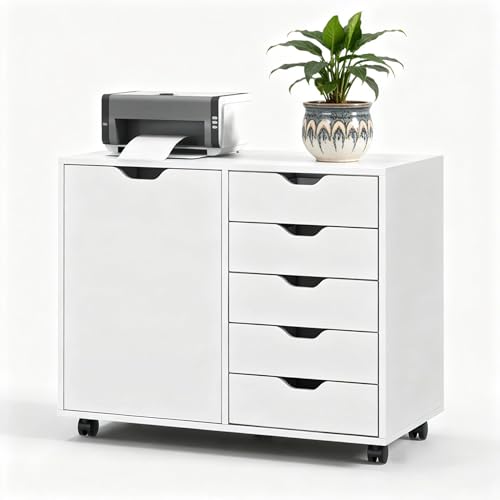 5-Drawer Wood Drawer Cabinet, Office Storage Cabinet with Adjustable Shelf & Wheels, Printer Stand for Home Office, White, 15.7" D x 30.7" W x 25.4" H - color: White, size: 5 Drawers, 1Door