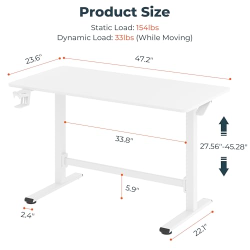 48''Pneumatic Standing Desk,Onepiece Adjustable Height Home Office | White 47.2"x23.6" Large Home Desk Rolling Computer Workstation with Hooks & Cup Holder,Hidden Casters - color: White, size: 4724