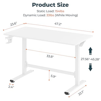 48''Pneumatic Standing Desk,Onepiece Adjustable Height Home Office | White 47.2"x23.6" Large Home Desk Rolling Computer Workstation with Hooks & Cup Holder,Hidden Casters - color: White, size: 4724