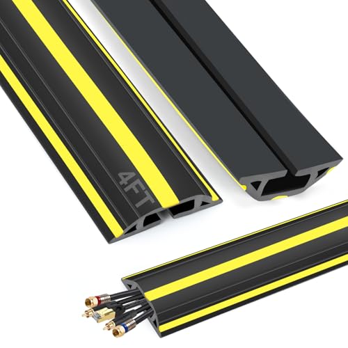 4 ft Cord Covers for Wires on Floor, Heavy Duty PVC Duct Floor Cord Cover, Floor Cable Cover Easy to Unroll Prevent Trip Hazard for Home Office or Outdoor Settings - size: 4 Feet - Black and Yellow - 1 Pack