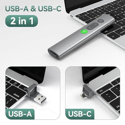 Wireless Presentation Clicker PowerPoint Remote: USB C A Presenter PPT Power Point Google Slide Advancer with Green Laser Pointer Smart Board Clicker for Computer Laptop Mac Projector Office Classroom - style: Metal & Green Laser