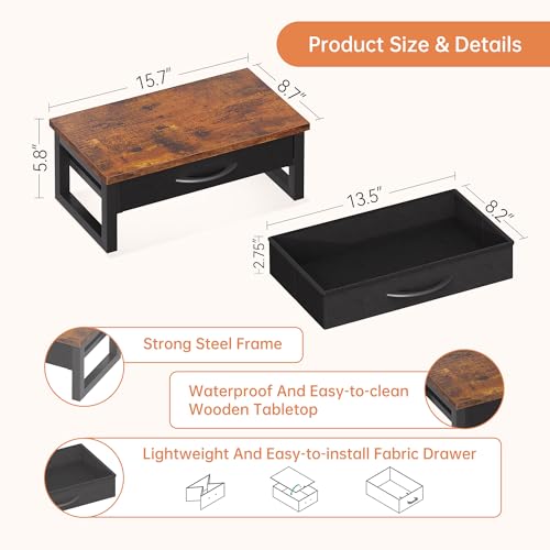 Computer Monitor Stand Riser with Drawer, 2-Tier Desk Accessories & Workspace Organizers, Laptop Stand for Desk with Storage, Office Organization, Wood