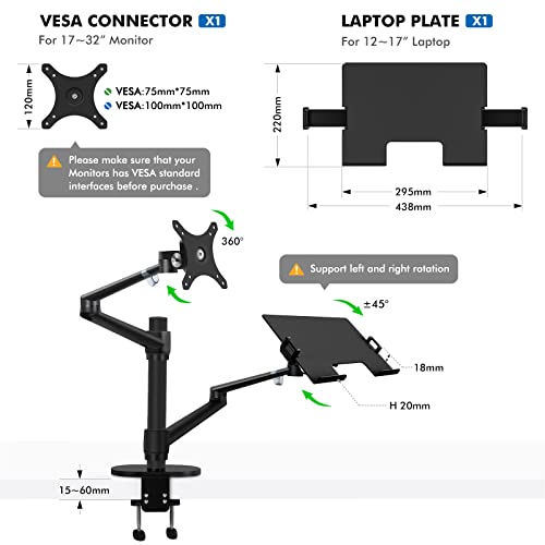Viozon Monitor and Laptop Mount, 2-in-1 Adjustable Dual Arm Desk Mounts Single Desk Arm Stand/Holder for 17 to 32 Inch LCD Computer Screens, Extra Tray Fits 12 to 17 inch Laptops (Black) - color: Black