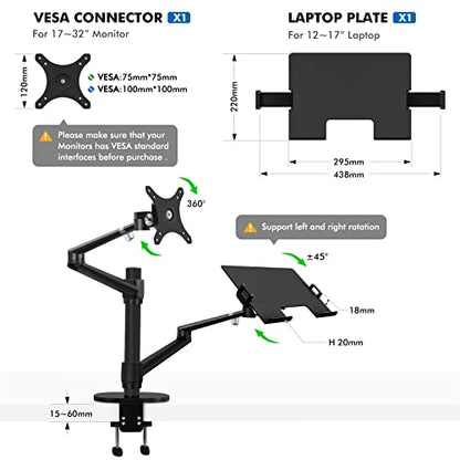 Viozon Monitor and Laptop Mount, 2-in-1 Adjustable Dual Arm Desk Mounts Single Desk Arm Stand/Holder for 17 to 32 Inch LCD Computer Screens, Extra Tray Fits 12 to 17 inch Laptops (Black) - color: Black