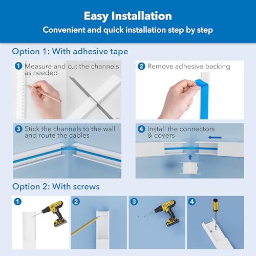 Mount-It! 157in Cord Hider Kit – Paintable Cable Raceway for TV Cables, Wires, and Power Cords, Wire Cover & Cable Concealer, Fire-Retardant Design, Incl. Corners & Connectors, Fits 2-3 Cables – White