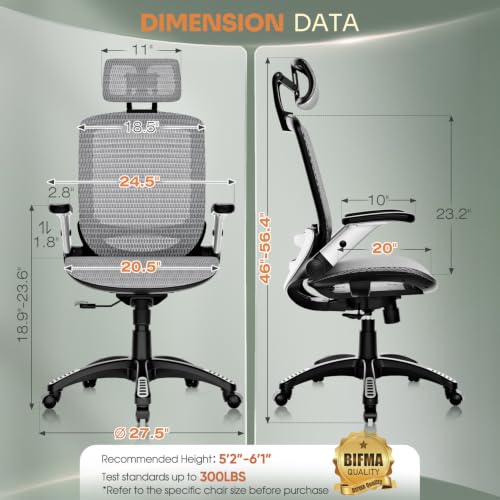 GABRYLLY Ergonomic Office Chair, High Back Home Desk Chair with Headrest, Flip-Up Arms, 90-120° Tilt Lock and Wide Cushion, Big and Tall Mesh Chairs for Man Woman, Grey Task Chair - color: Grey