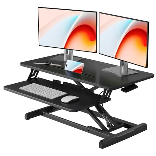 JOY worker Standing Desk Converter, 32" Wide Height Adjustable Sit Stand Up Desk Riser with Keyboard Tray, Desktop Workstation Riser for Home Office Computer Laptop, Particle Board, Black - color: Black, size: 32 Inch