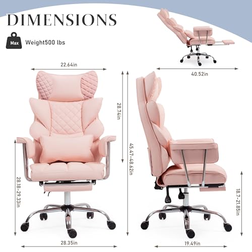 500 Lbs Kneading Massage Office Chair with Foot Rest Reclining Pink | Ergonomic Computer Chair, High Back Thick Cushion, Big & Tall, Comfy Leather, Heavy Duty Home Executive - color: Pink