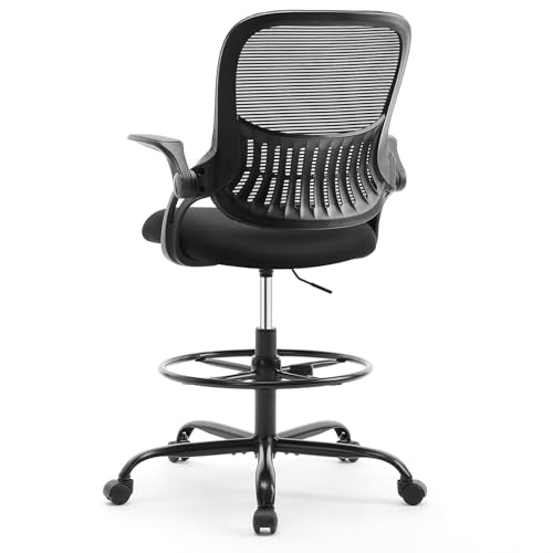 Sweetcrispy Tall Drafting Chair, High Office Desk Chair with Footrest | Comfy Lumbar Support, Counter Height Adjustable, Flip-up Arm, 360° Computer Rolling Stool, Black - color: Dark Black, size: 48.4 inches (H) x 24 inches (W) x 25.2 inches (D)