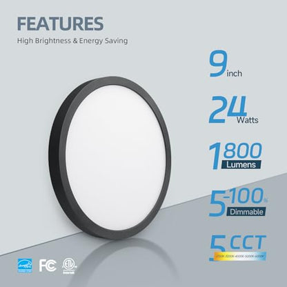ECOELER LED Flush Mount Ceiling Light Fixture, 9inch Dimmable Round Ceiling Light, 24W 1800Lm, 5CCT Selectable Low Profile Slim Flat Panel Lights, ETL & FCC, Black - color: Black, size: 9Inch - 1PK