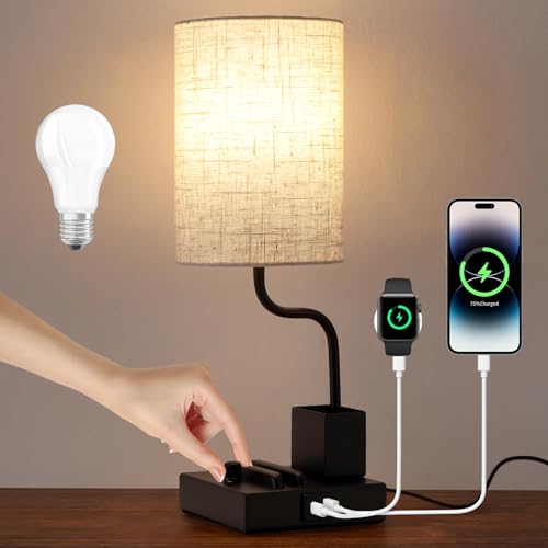 EOEYYOYB Vintage Table Lamps, Stepless Dimmable with AC Outlet, USB A & C Charging Port, Multifunctional Base Bedside Lamps for Living Room, Bedroom, Office Reading, Black - color: Black, size: 1 Set