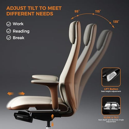 TOMU Executive Office Chair with Foot Rest, Top Grain Genuine Leather Office Chair, Ergonomic High Back Design. Real Leather, Wheels, Alumium Base. Padded Armrest, Luxury and Comfy (Beige) - color: Beige
