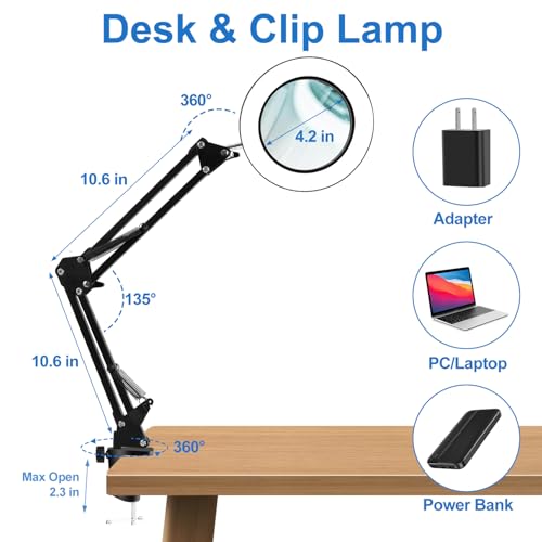 10X Magnifying Glass with Light and Clamp, Real Glass Lens, Adjustable Swing Arm, 3 Color Modes, Stepless Dimming LED Magnifying Lamp for Reading, Crafts, Soldering, Sewing & Close Work - style: Clamp【BASIC】