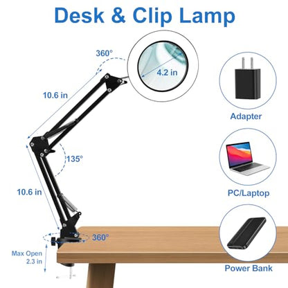 10X Magnifying Glass with Light and Clamp, Real Glass Lens, Adjustable Swing Arm, 3 Color Modes, Stepless Dimming LED Magnifying Lamp for Reading, Crafts, Soldering, Sewing & Close Work - style: Clamp【BASIC】