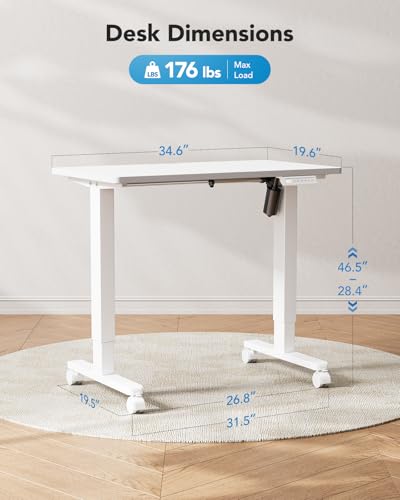 HUANUO Electric Small Standing Desk, Whole Piece Desktop, Adjustable Height Computer Desk, 4 Height Memory Settings, Sit Stand Up Desk for Home Office, 35" x 20", White - size: 35" X 20"