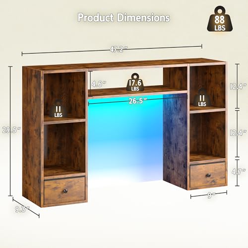 REIBII 47.2" Desktop Bookshelf, 6 Shelves & 2 Drawers, LED Lights, Brown - color: Rustic Brown