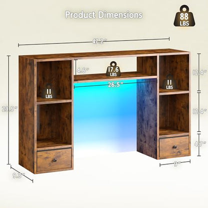 REIBII 47.2" Desktop Bookshelf, 6 Shelves & 2 Drawers, LED Lights, Brown - color: Rustic Brown