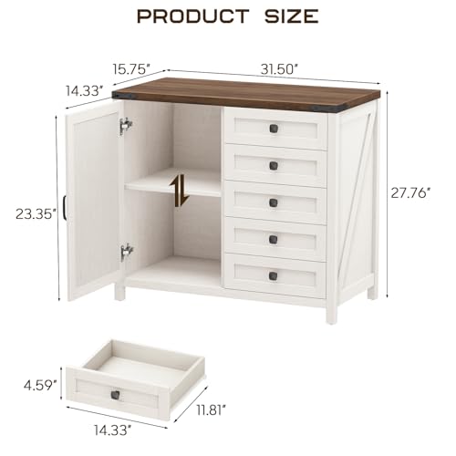 Vabches 5 Drawer Storage Cabinet, Rustic White Office Storage Cabinet | Office Storage Drawer with Door and Adjustable Shelf, Large Farmhouse Printer Stand for Home Office, Rustic White