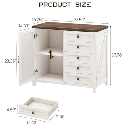 Vabches 5 Drawer Storage Cabinet, Rustic White Office Storage Cabinet | Office Storage Drawer with Door and Adjustable Shelf, Large Farmhouse Printer Stand for Home Office, Rustic White