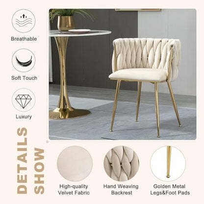 NIOIIKIT Modern Velvet Dining Chairs Hand Weaving Accent Chairs Living Room Chairs Upholstered Side Chair with Golden Metal Legs for Dining Room Kitchen Vanity Living Room (Ivory) - color: Ivory