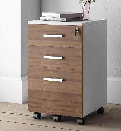 Modern Designs Lazio File Cabinet, Filing Cabinets for Home Office, Drawers for Under Desk, Locking 3 Drawer Rolling Filing Cabinet with Lock, Walnut and White, by Crafts and Comfort - color: Walnut / White