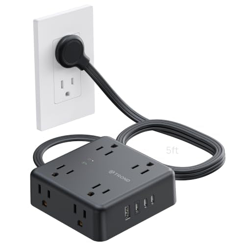 TROND Surge Protector Power Strip, 5FT Flat Plug Extension Cord, Black - color: Black, size: 5FT, style: Flat Plug