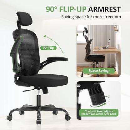 Office Chair Ergonomic Desk Chair, 330LBS Capacity, High Back Computer Chair for Long Hours Comfortable, Rolling Swivel Executive Task Chair for Home Office with Flip-up Armrests, Black - color: Black