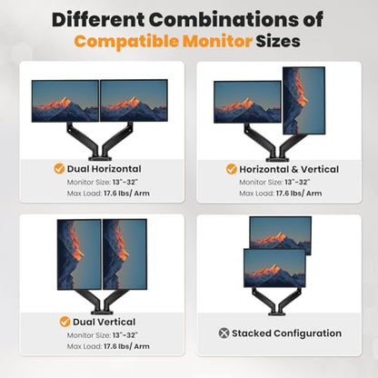 DUMOS Dual Monitor Mount for Desk, Gas Spring Monitor Arm for 2 Monitors Max 32 Inches, Fully Adjustable Double VESA Mount with C-Clamp/Grommet Base, Holds Screen 17.6 lbs - size: 1PCS